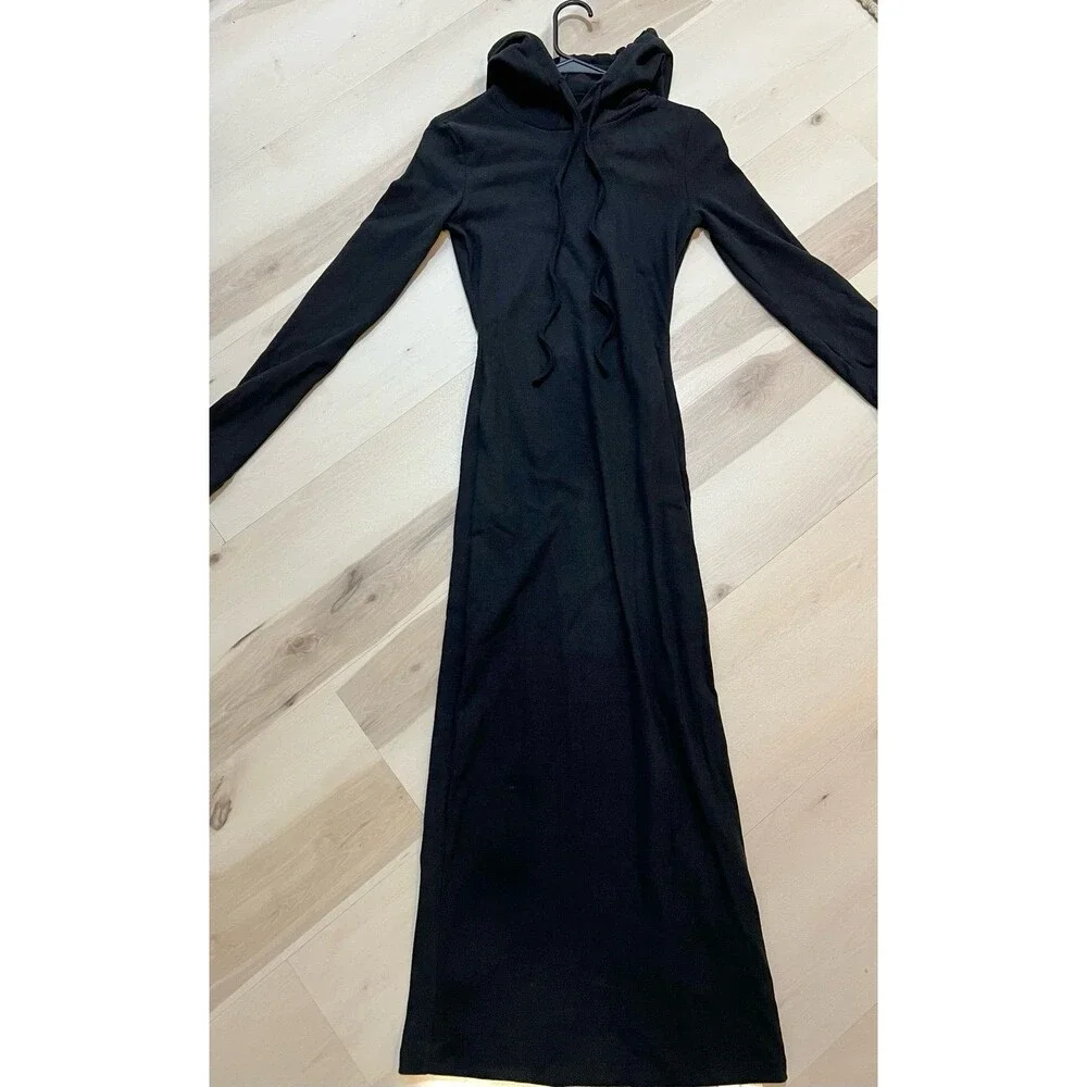 Commense NWT Women Black Drop Shoulder Drawstring Hooded Dress Loungewear Chic - Picture 9 of 12